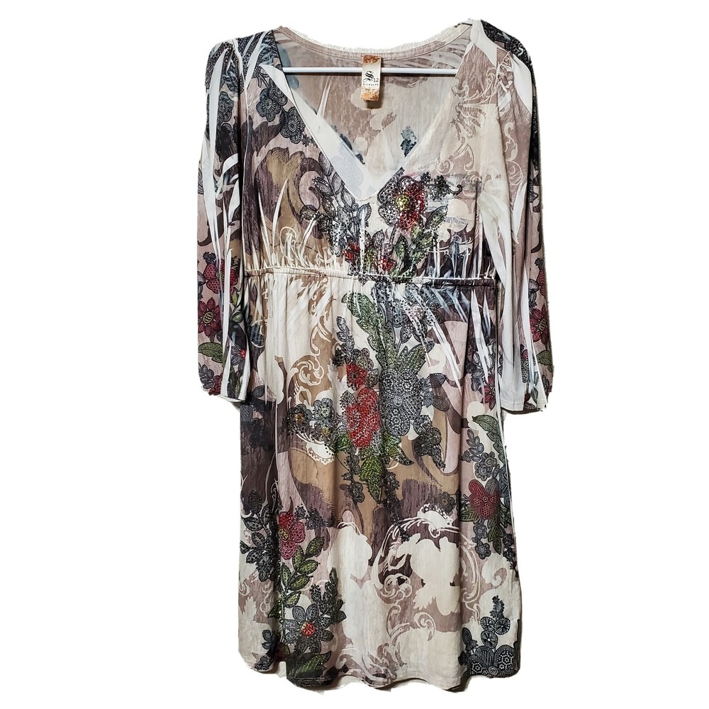 071) S-Twelve Blouse Womens Large Dress Studded Ivory Long Sleeve Western‎ Vneck